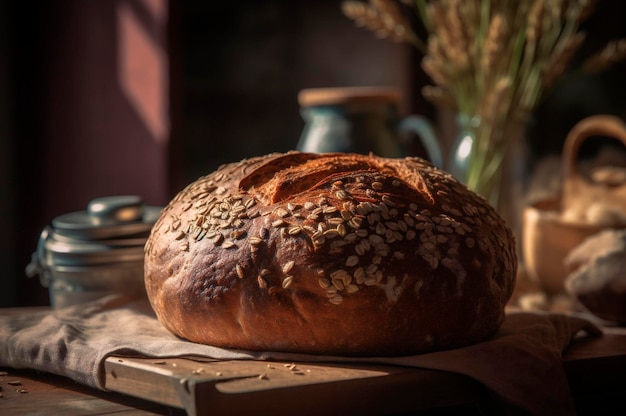 Pane integrale biologico e sano fatto in casa a più cereali su un tavolo di legno generato dall'intelligenza artificiale