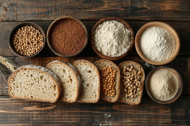 Pane integrale e cereali assortiti su tavolo di legno con IA generata