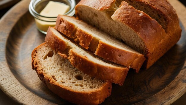 Pane marrone affettato su piatto di legno foto di alta qualità