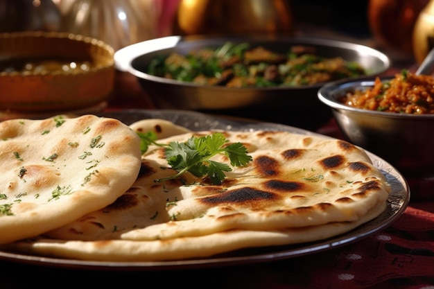 Pane naan in piatto Focaccia con spezie Cucina indiana IA generativa