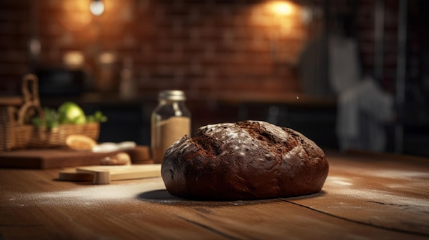 Pane nero su una tavola di legno in un ai generativo del forno