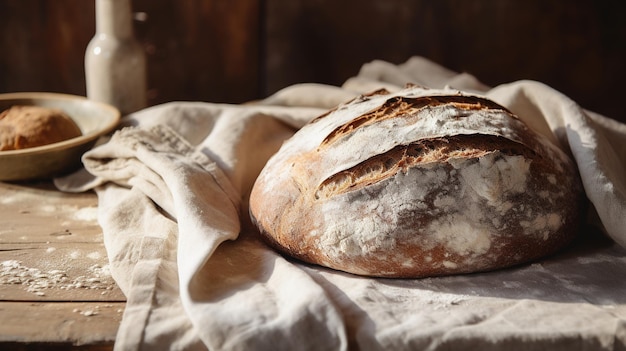 Pane o prodotti da forno appena sfornati con intelligenza artificiale generativa nella cucina di casa, dolci ecologicamente naturali