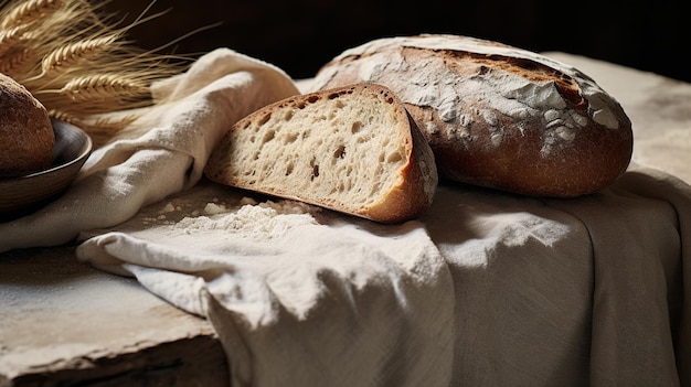 Pane o prodotti da forno appena sfornati con intelligenza artificiale generativa nella cucina di casa, dolci ecologicamente naturali