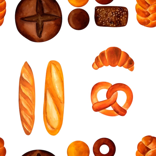 Pane panini baguette pane croissant pretzel segale e grano acquerello disegno senza cuciture per stampe su tessuti e piatti di carta e piatti per cucina menu ristoranti ricette libro di cucina