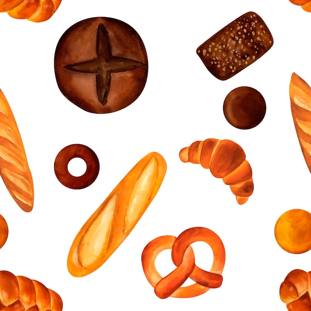 Pane panini baguette pane croissant pretzel segale e grano acquerello disegno senza cuciture per stampe su tessuti e piatti di carta e piatti per cucina menu ristoranti ricette libro di cucina