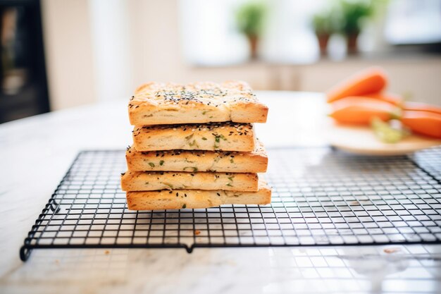 Pane senza glutine impilato su un rack di raffreddamento