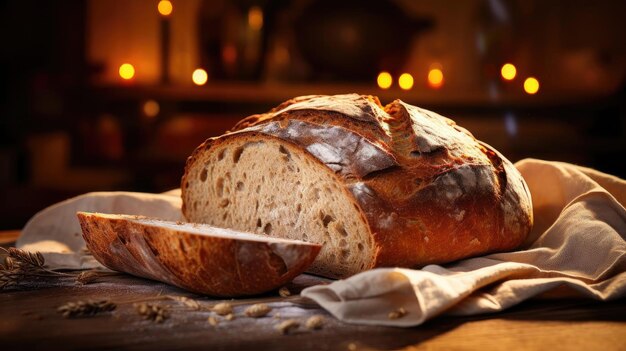 Pane soffice cosparso di zucchero bianco su un tavolo di legno con uno sfondo sfocato