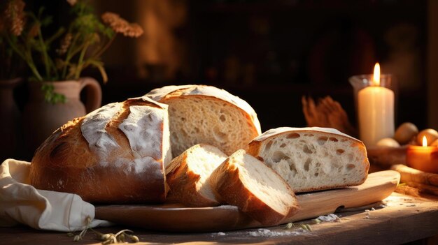 Pane soffice cosparso di zucchero bianco su un tavolo di legno con uno sfondo sfocato