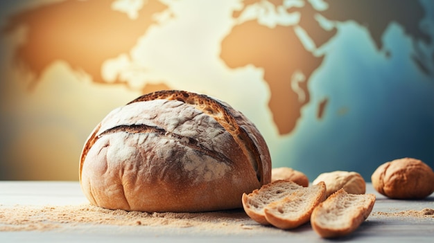 Pane sul tavolo con sfondo della mappa del mondo Concetto di crisi alimentare mondiale