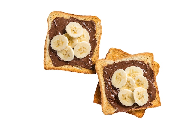 Pane tostato con banane e crema al cioccolato su tavola di legno isolato su sfondo bianco