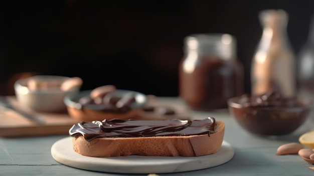 Pane tostato con cioccolato spalmabile in cucina Delizioso concetto di colazione AI generato