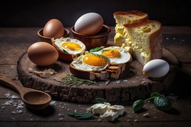 Pane tostato fritto con quattro diversi tipi di uova di gallina cotte generate dall'intelligenza artificiale
