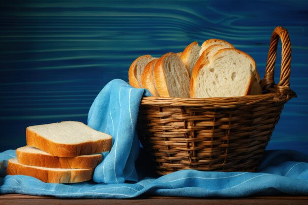 Pane tostato sulla merce nel carrello della tavola di legno blu