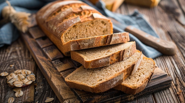 Pane tradizionale pane al lievito tagliato in fette su uno sfondo di legno rustico Concetto di metodi tradizionali di cottura del pane lievito Cibo sano