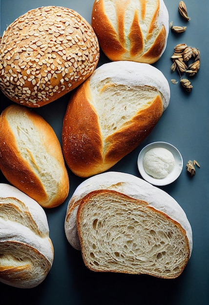 Pane Varietà di pane Pane fresco e fragrante sul concetto di cibo da tavola