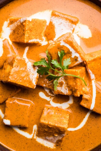 Paneer Butter Masala noto anche come Panir makhani o makhanwala. servito in una ciotola di ceramica o terracotta con panna fresca e coriandolo.fuoco selettivo