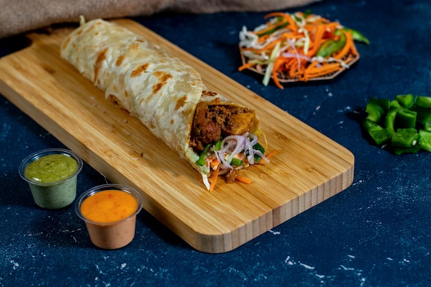 Paneer Tikka shawarma Avvolgere con salsa di insalata e salsa isolata vista laterale della tavola di legno del fastfood