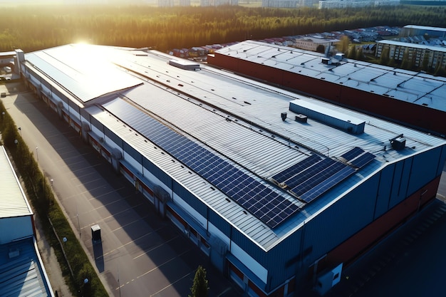 Panelli solari generativi AI sui tetti delle fabbriche Pannelli solari fotovoltaici assorbono la luce solare come fonte di energia