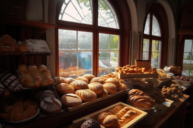 Panetteria con pane e dolci appena sfornati visibili attraverso la finestra creata con ai generativa