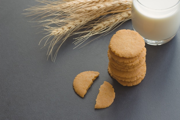 Panetteria fatta in casa: biscotti sottili o biscotti al forno a base di cereali integrali serviti con latte fresco.