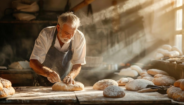 Panettiere anziano che elabora pane artigianale in una panetteria rustica