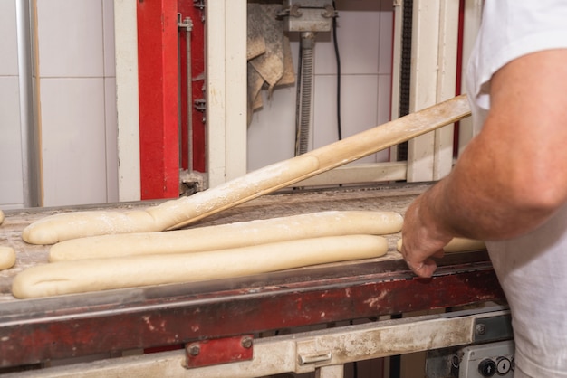 Panettiere che prepara pani di pasta di pane crudi pronti da cuocere