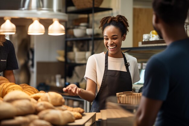 Panettiere femminile africano allegro che mostra pane al cliente