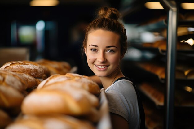 Panettiere femminile che lavora in un panificio che produce il pane