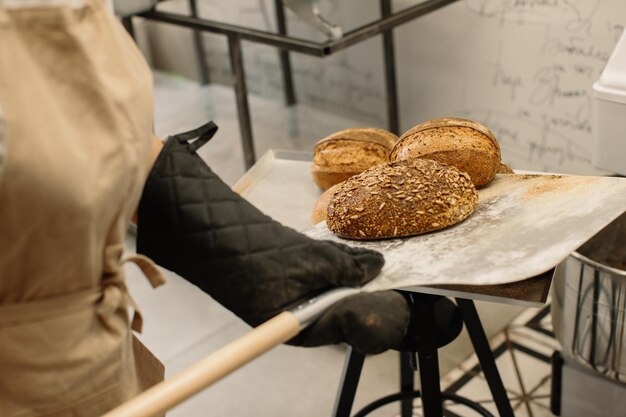 Panettiere femminile che utilizza una buccia per estrarre una pagnotta dal forno in una panetteria