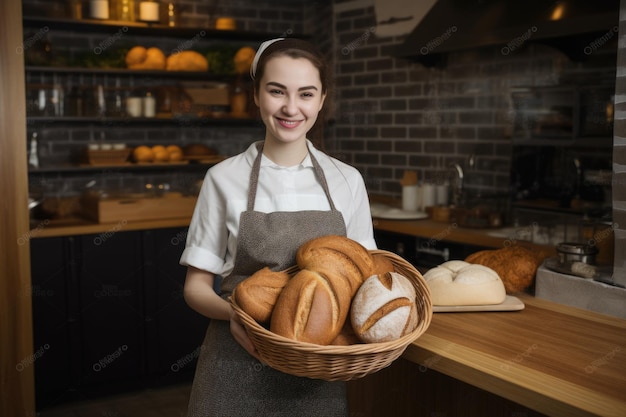 Panettiere spagnolo sorridente in piedi nella cucina di casa che tiene il pane nel cesto AI generativa AIG21