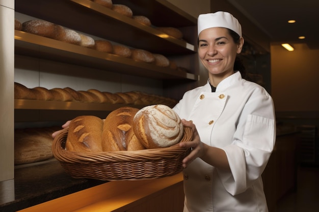 Panettiere spagnolo sorridente in piedi nella cucina di casa che tiene il pane nel cesto AI generativa AIG21