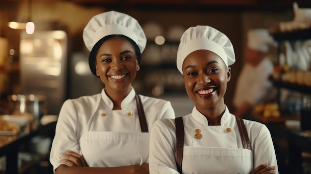 Panettieri africani sorridenti che guardano la macchina fotograficaChef panettiere in abito da chef e cappello che cucina insieme in cucinaTeam di cuochi professionisti in uniforme che preparano i pasti per un ristorante in cucina