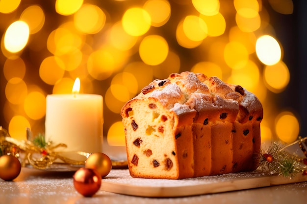 Panettone natalizio tradizionale con sfondo di decorazioni natalizie su tavolo di legno