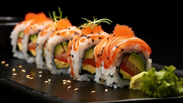 Panini di sushi con salmone e avocado su uno sfondo scuro