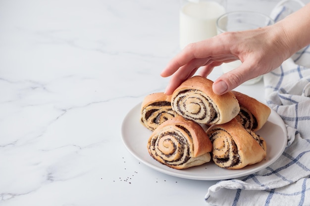 Panini dolci fatti in casa con semi di papavero con latte