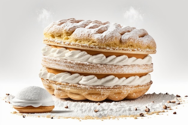 Panini fatti in casa con panna e torta napoleone di zucchero a velo su sfondo bianco