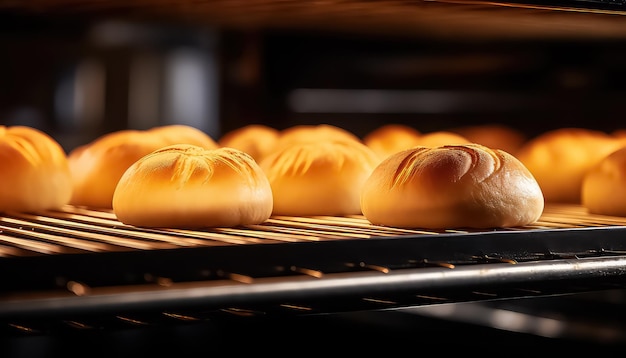 panini su un rack da forno su un nastro trasportatore in una panetteria