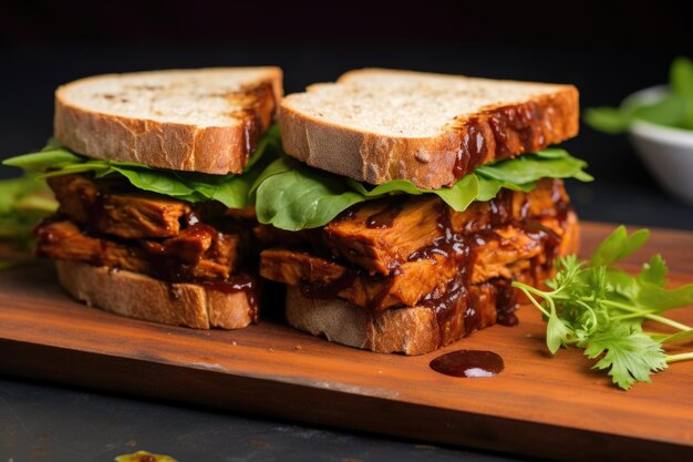 Panino al barbecue seitan guarnito con foglie di coriandolo vista laterale