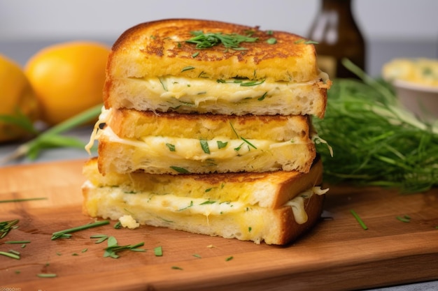 Panino al formaggio grigliato con infusione di citronella su una tavola di pietra