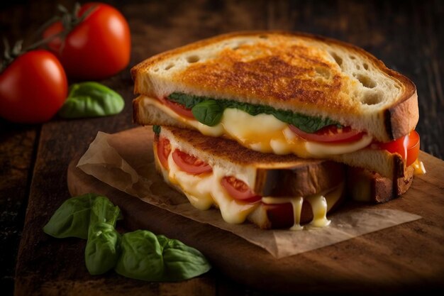 Panino al formaggio grigliato con pomodoro e basilico Generative AI