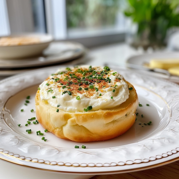 Panino al parmigiano con crema di formaggio ed erba cipollina su un piatto