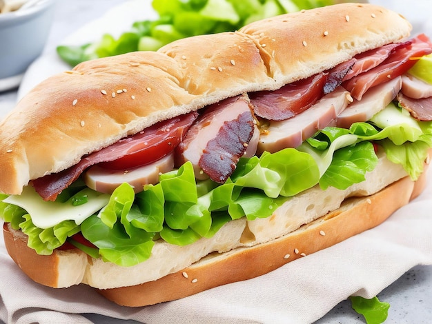 Panino al prosciutto di maiale alla griglia su ciabatta con insalata fresca ai generata