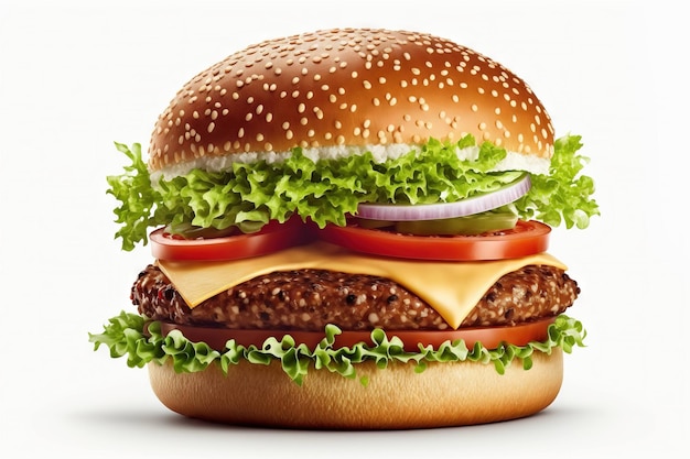 Panino al sesamo con formaggio e hamburger di manzo su sfondo bianco isolato