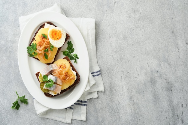 Panino aperto o smorrebrod con pane di segale uova di aringa cipolle caramellate prezzemolo e ricotta su vecchi sfondi tavolo rustico in legno danese o scandinavo cibo tradizionale snack pranzo