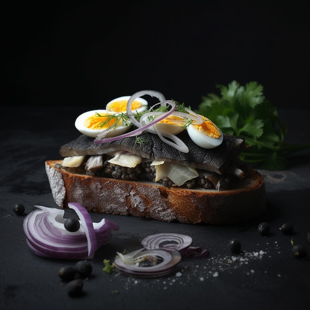 Panino appetitoso con aringhe olandesi di pane di segale e primo piano dell'uovo isolato su cibo sano nero