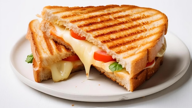 Panino arrostito del pomodoro e del formaggio su fondo bianco