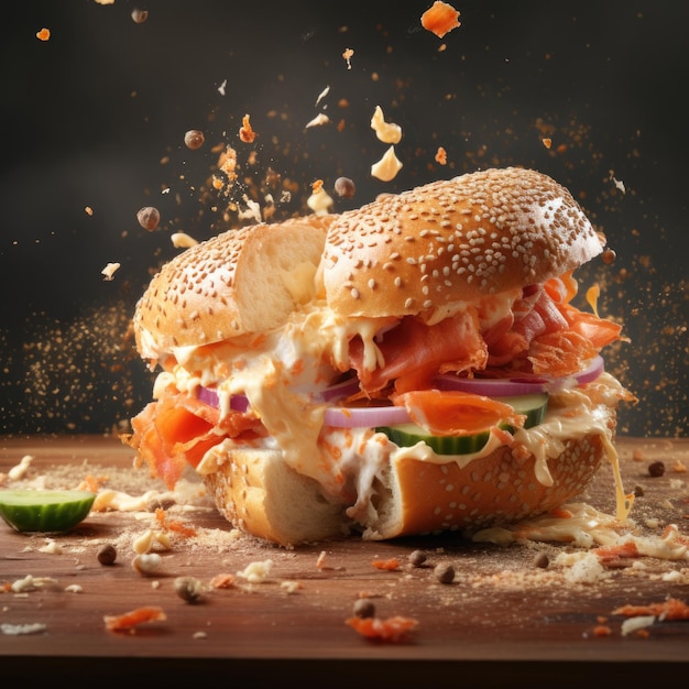 Panino bagel immerso nel salmone affumicato e crema di formaggio con spruzzi e onde