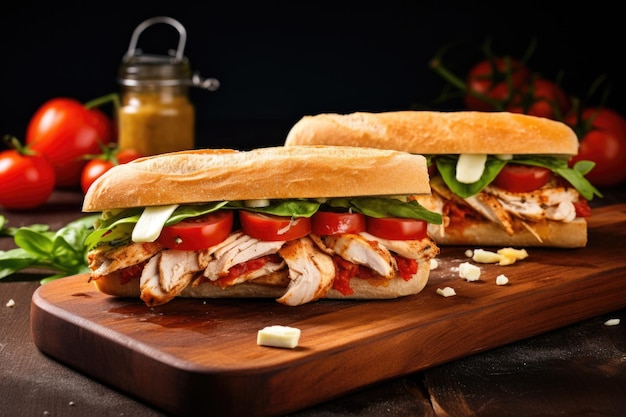 Panino baguette con pollo alla griglia e pomodori