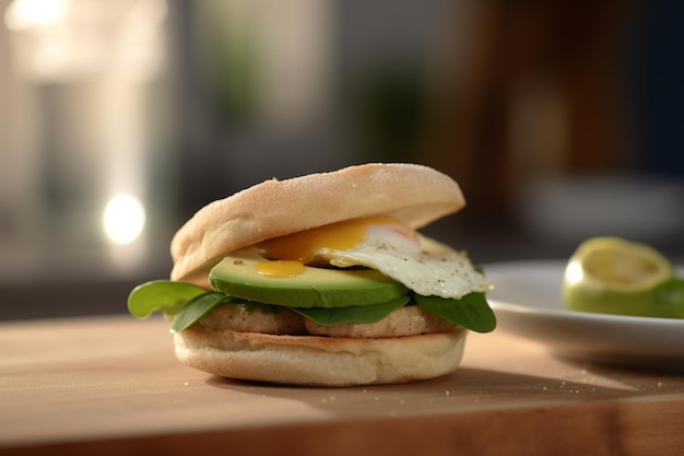 Panino con avocado, spinaci e uovo fritto su brioche fresca