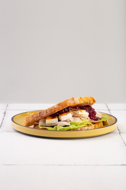 Panino con formaggio bri insalata di pollo e marmellata su piatto giallo foto di alta qualità